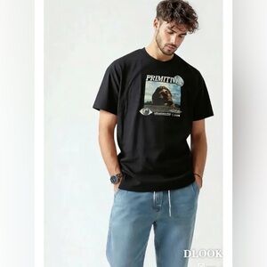 Primitive Black Tee with Statue and Celestial Design